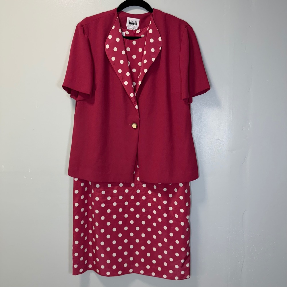 Leslie Fay Vintage Polka Dot Dress and Jacket Set Raspberry‎ Pink Womens 14P